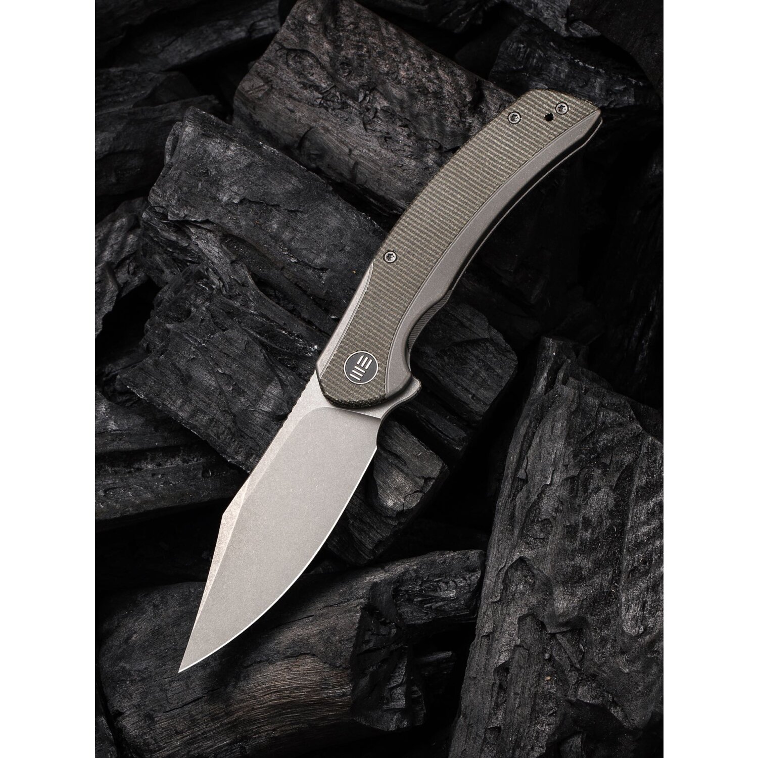 we-knife-snick-cpm-20cv-stahl-stonewashed-titan-mit-micarta-inlay-grau-dunkelgruen-1 WE Knife Snick Gray Titanium Handle & Dark Green Micarta Inlay