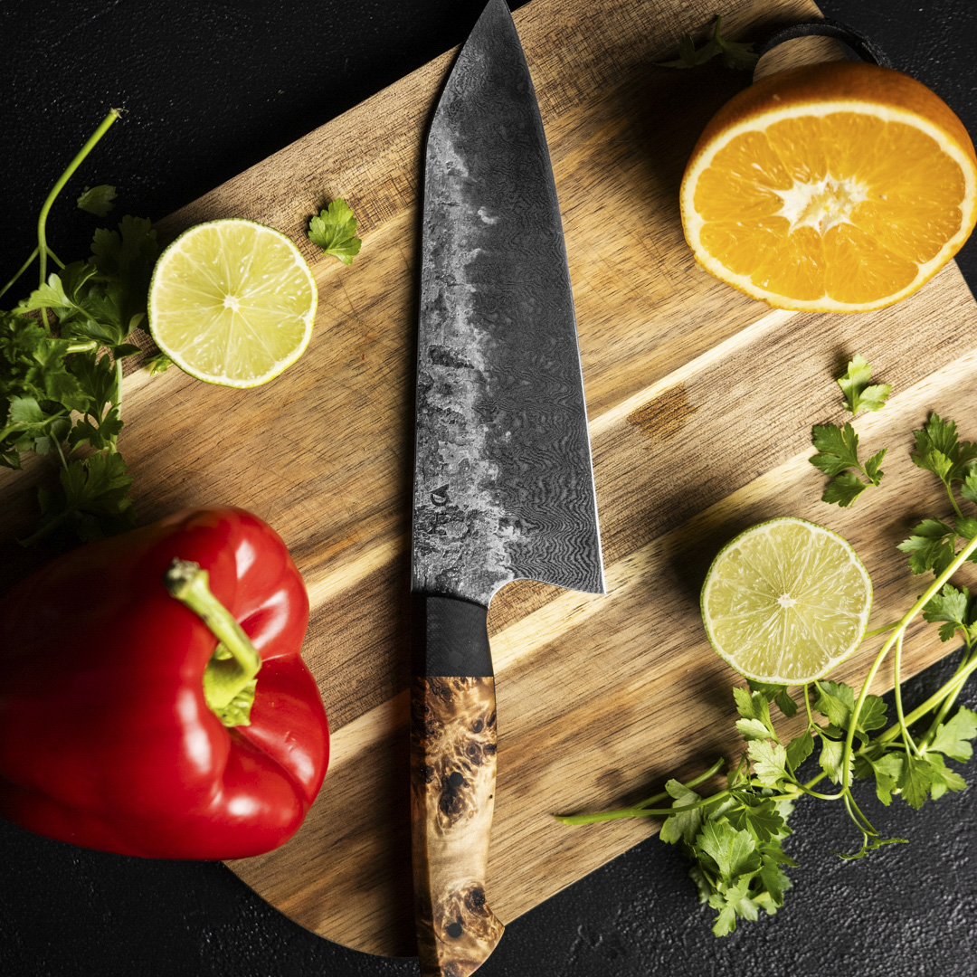 Martin Huber Santoku Damascus Light Poplar Klinge, Messer, Waffe, Essen